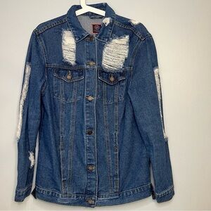 BBJ Women’s Distressed Denim Jean Jacket Size M 100% Cotton Blue Was Long Sleeve